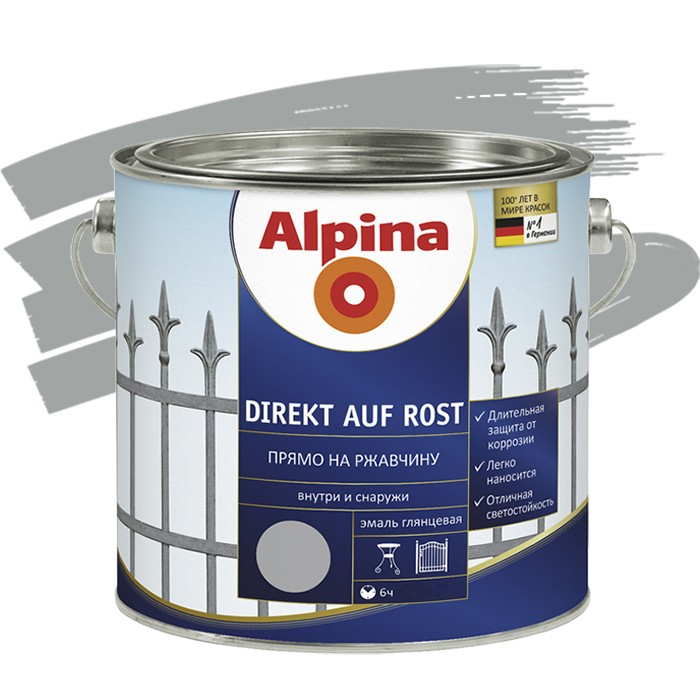 Эмаль по ржавчине Alpina Direkt auf Rost гладкая RAL 9006 серебрянная 2.5 л, Серый
Эмаль по ржавчине Alpina Direkt auf Rost гладкая RAL 9006 серебрянная 2.5 л, Серый