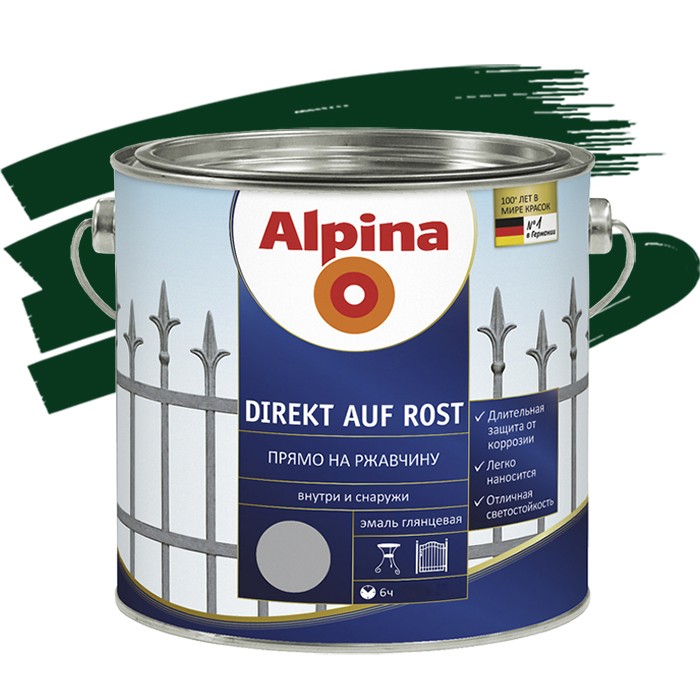 Эмаль по ржавчине Alpina Direkt auf Rost гладкая RAL 6005 зеленая 2.5 л, Зеленый
Эмаль по ржавчине Alpina Direkt auf Rost гладкая RAL 6005 зеленая 2.5 л, Зеленый