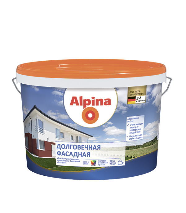 Краска водно-дисперсионная фасадная Alpina Долговечная белая база 1 10 л, Белый
Краска водно-дисперсионная фасадная Alpina Долговечная белая база 1 10 л, Белый