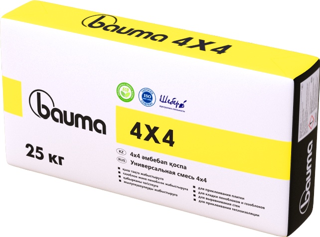 Купить Bauma 4x4 universal 25 кгуниверсальная цементная смесь: кафельный клей, штукатурка, клей для блоков и клей для утеплителя