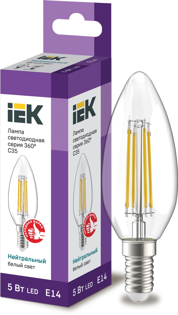 Купить Лампа Led c35 свеча прозр. 5вт 230в 4000к e14 серия 360° Iek