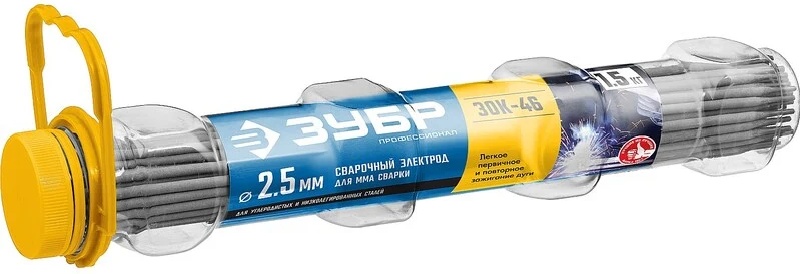 Купить Зубр электрод сварочный зок-46 с рутил-целлюлозным покрытием, для мма сварки, d 2.5x350 мм, 1.5 кг в пвх тубе, профессионал.