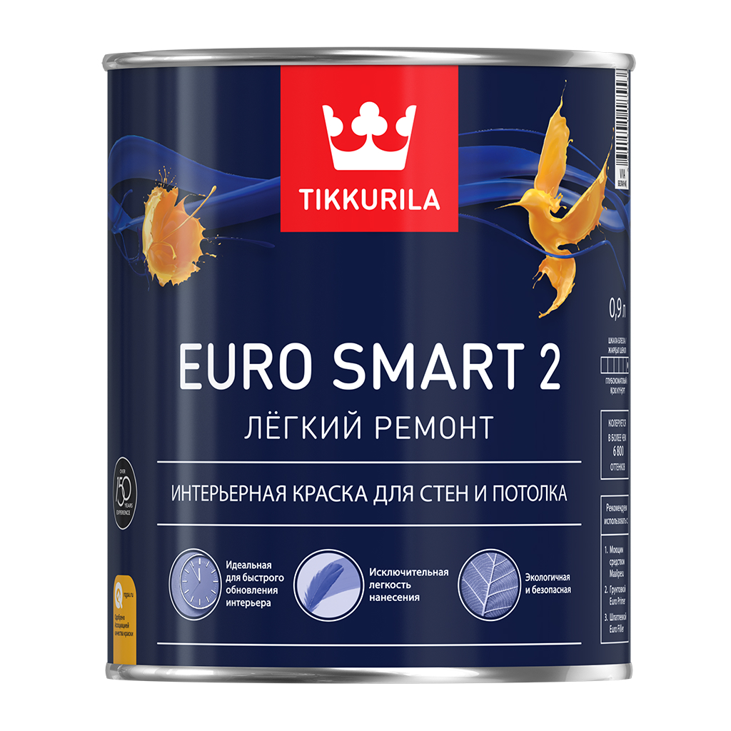 Купить Tikkurila Euro Smart 2 2.7 л, Краска интерьерная водно-дисперсионная (белая)