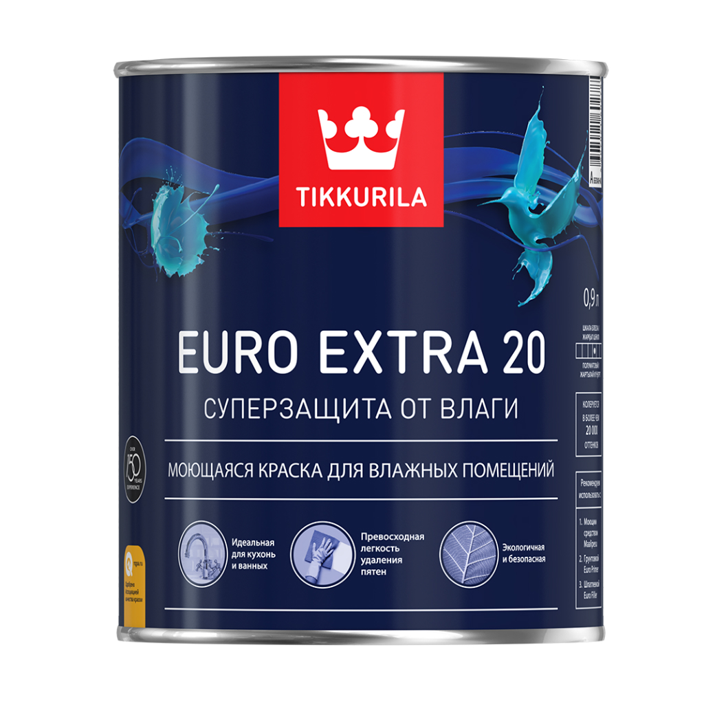 Купить Tikkurila Euro Extra 20 A 9 л, Краска интерьерная для влажных помещений (белая)
