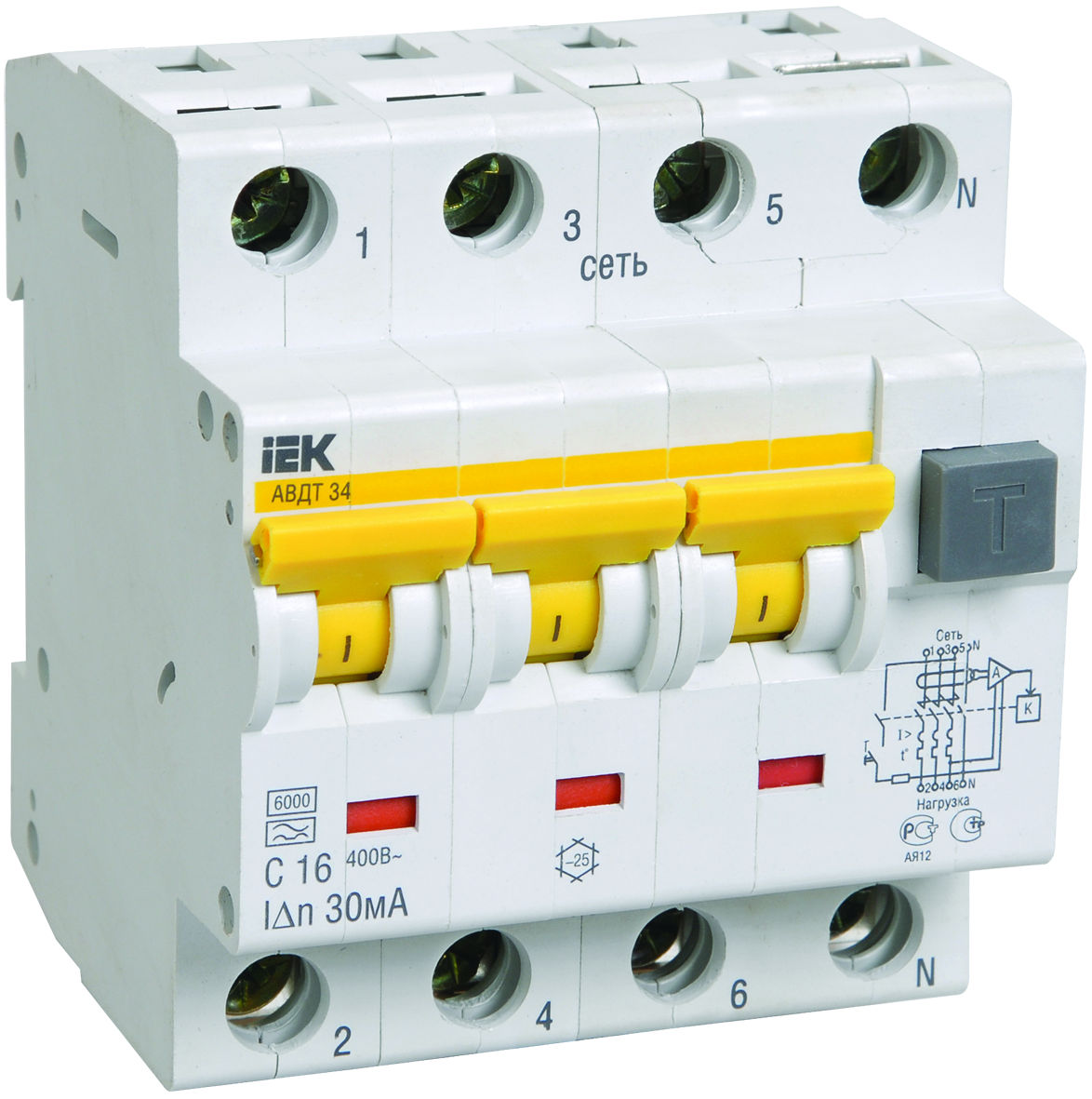

3P+N IEK АВДТ-34 C40 30мА, номинальный ток 40А, Автомат дифференциальный
