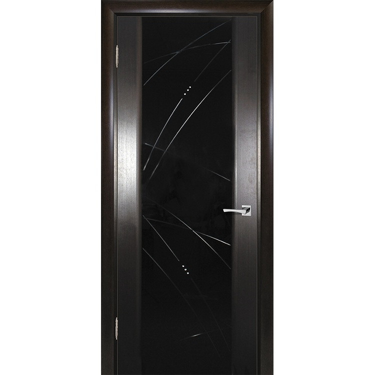 Купить Дверь межкомнатная Текона Страто 02 шпон Черный дуб тонированный стекло черный триплекс гравировка Роса левая 1900х600 мм