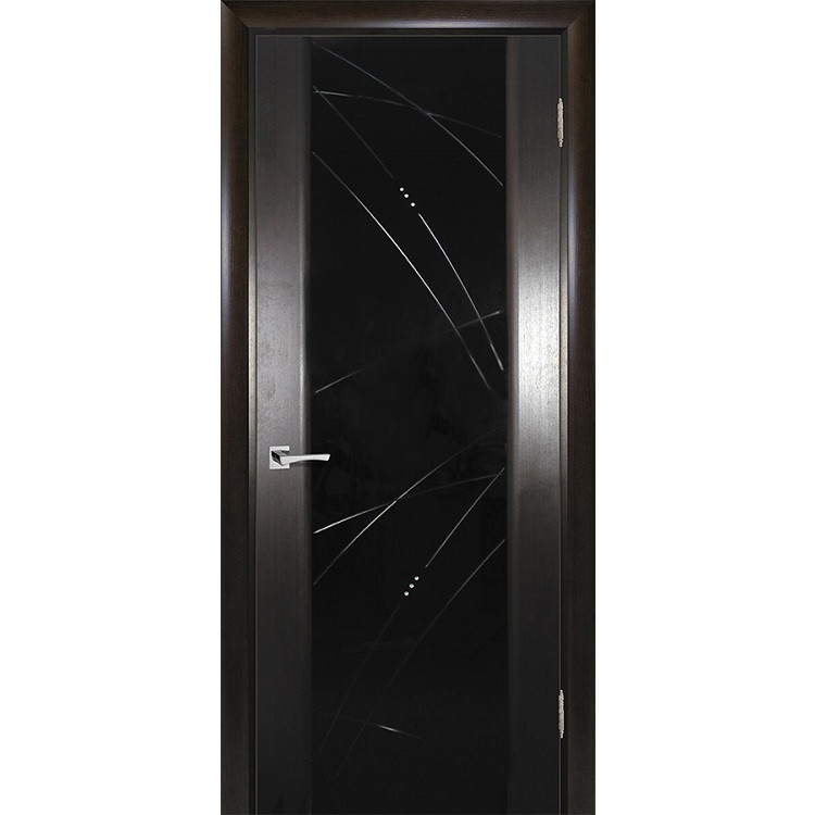 Купить Дверь межкомнатная Текона Страто 02 шпон Черный дуб тонированный стекло черный триплекс гравировка Роса правая 1900х600 мм