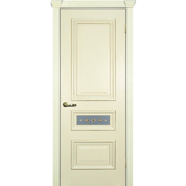 

Дверь межкомнатная Текона Фрейм 05 Ясень слоновая кость патина золото 1 стекло витраж Калипсо белое 2000х800 мм