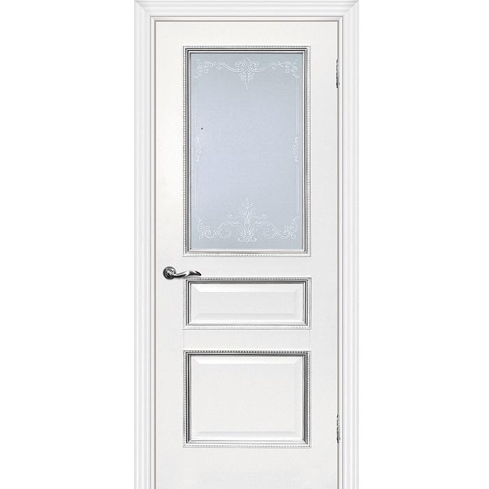 Купить Дверь межкомнатная Мариам Мурано-2 экошпон белое багет с тиснением патина серебро стекло сатинат серебро 2000х600 мм