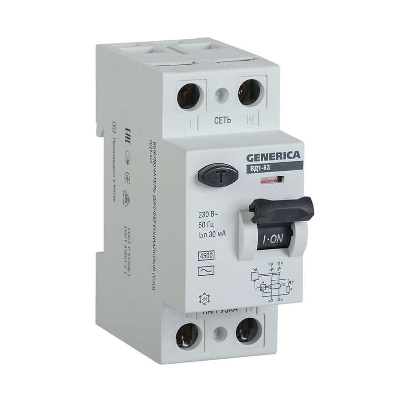 Купить Автоматический выключатель дифференциального тока IEK Generica MDV15-2-032-030 (УЗО) 2п 32А 30мА тип AC ВД1-63 GENERICA