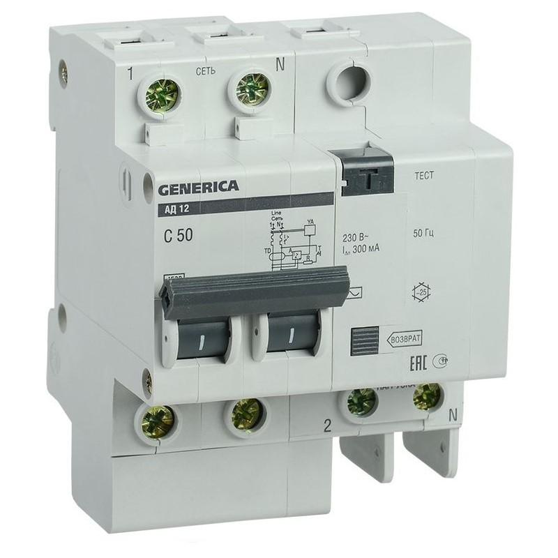 Купить Автоматический выключатель дифференциального тока IEK Generica АД12 2Р 50А 300мА C