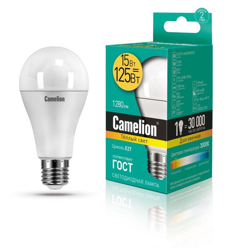 Купить Лампа светодиодная LED15-A65/830/E27 15Вт грушевидная 3000К тепл. бел. E27 1280лм 170-265В Camelion 12196 / 12185