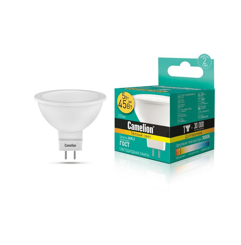 

Лампа светодиодная LED5-S108/830/GU5.3 5Вт 3000К тепл. бел. GU5.3 370лм 220-240В Camelion 12041