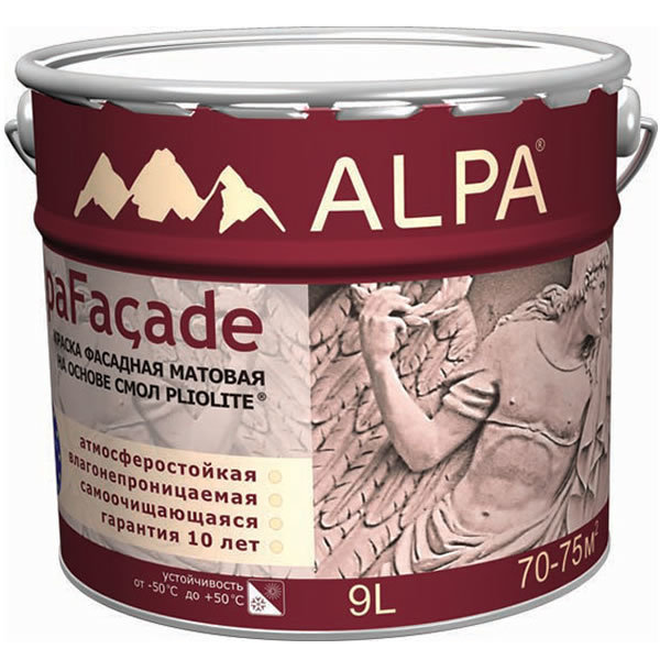 

Краска фасадная Alpa AlpaFacade матовая на основе смол Pliolite 9 л, Белый