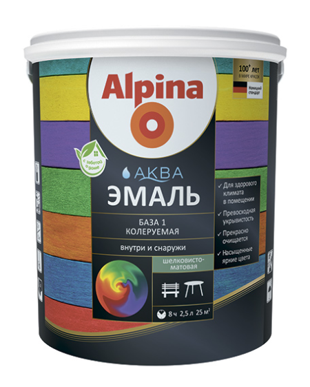 

Эмаль акриловая Alpina Аква шелковисто-матовая база 1 белый 2.5 л