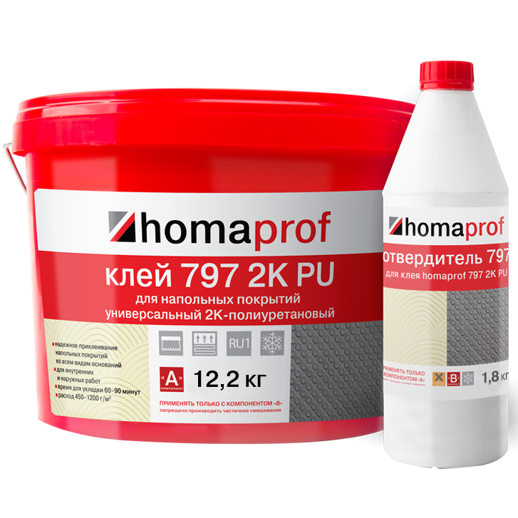 

Клей для напольных покрытий двухкомпонентный Homaprof 797 2K PU компонент А 12.2 кг компонент B 1.8 кг, Бежевый