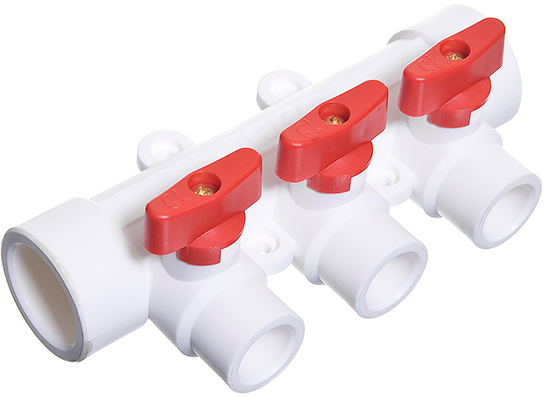 Коллектор полипропиленовый Tebo 32 мм на 3 отвода 20 мм с красными ...