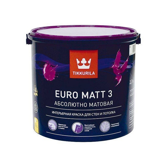 Купить Краска латексная Tikkurila Euro Matt 3 глубокоматовая база А 2,7 л
