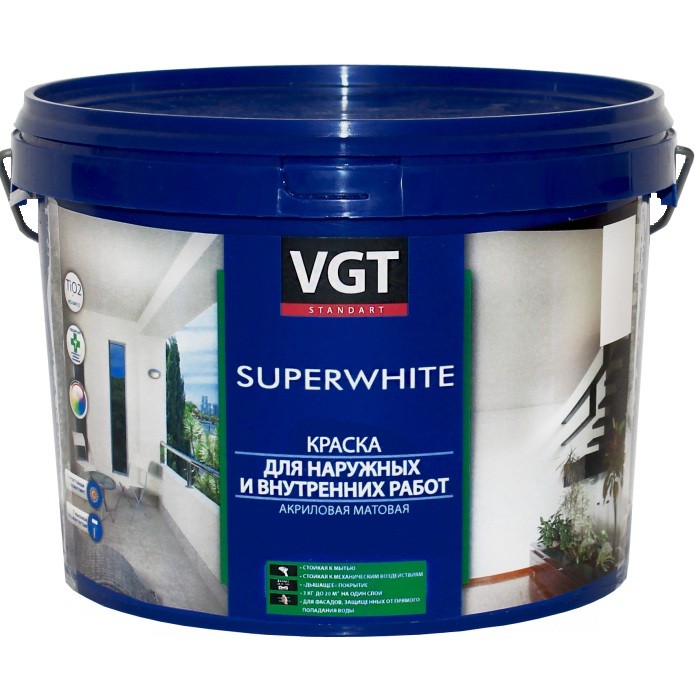 Купить Краска для наружных и внутренних работ VGT ВД-АК-1180 супербелая 1,5 кг