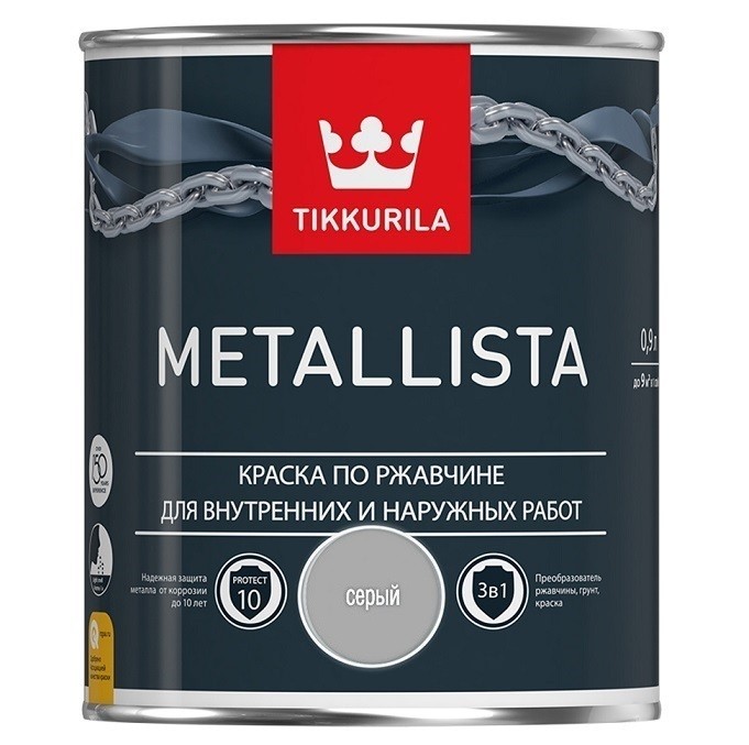 Купить Краска по ржавчине Tikkurila Metallista глянцевая серая 0,9 л
