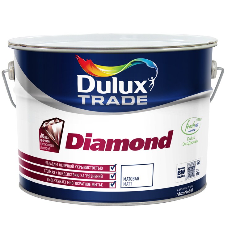 

Dulux Trade Diamond Matt 10 л, Краска интерьерная (белая матовая), Белый