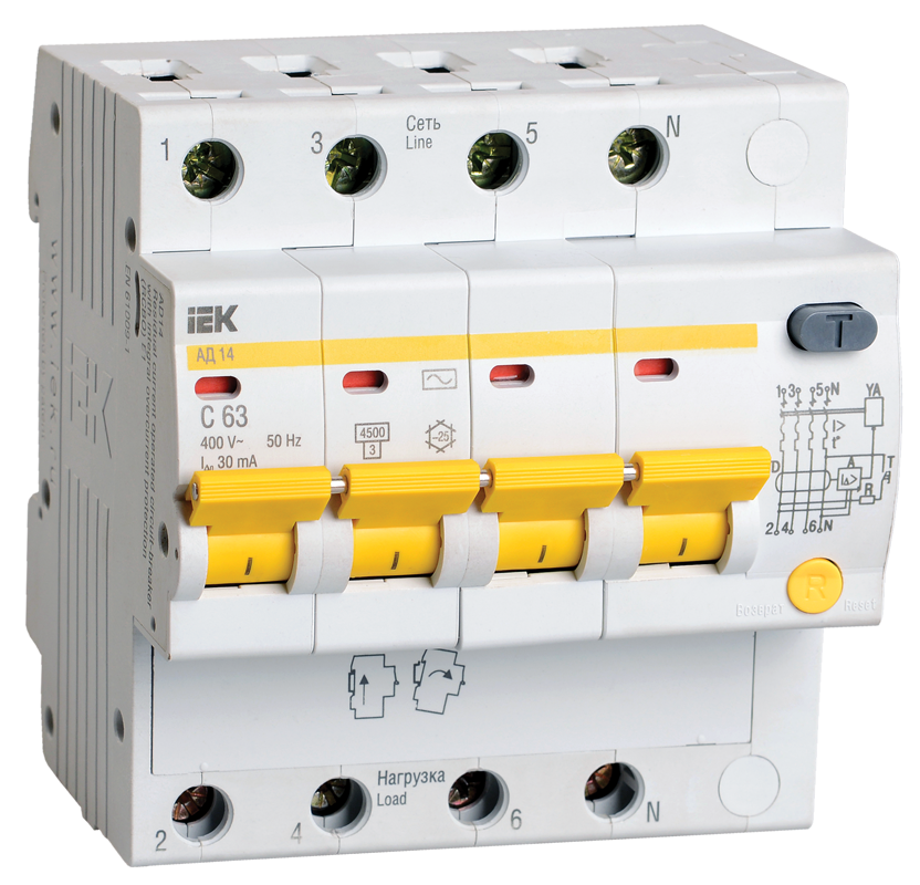 

4Р IEK АД14 30мА, номинальный ток 50А, Автомат дифференциальный