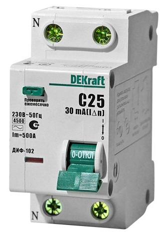 

1P+N DEKraft ДИФ-102 30мА, номинальный ток 16А, Автомат дифференциальный