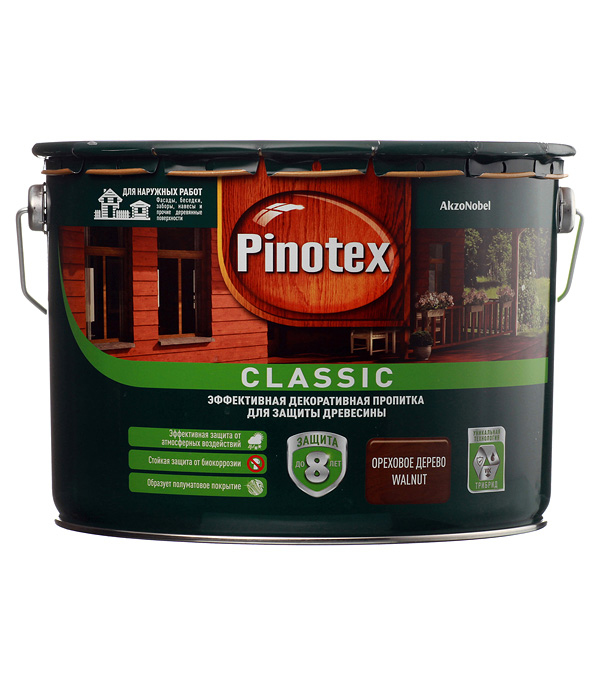 

Антисептик Pinotex Classic декоративный для дерева орех 9 л