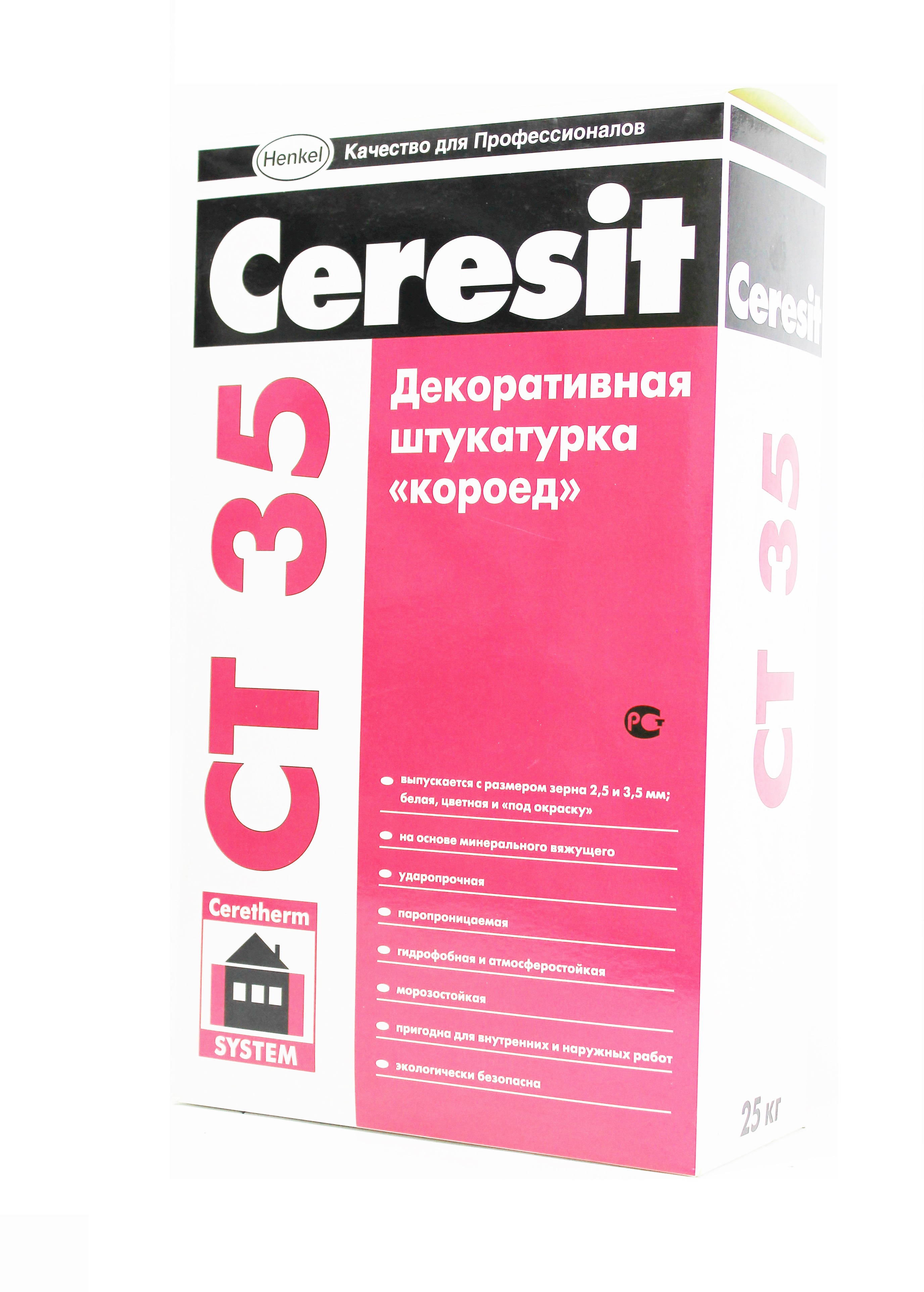 Штукатурка декоративная минеральная Ceresit СТ 35 короед белая зерно 2.5 мм  25 кг — характеристики, применение, документация