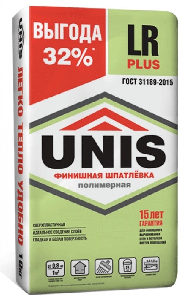

Unis LR Plus 18 кг, Шпатлевка полимерная финишная (белая, Белый