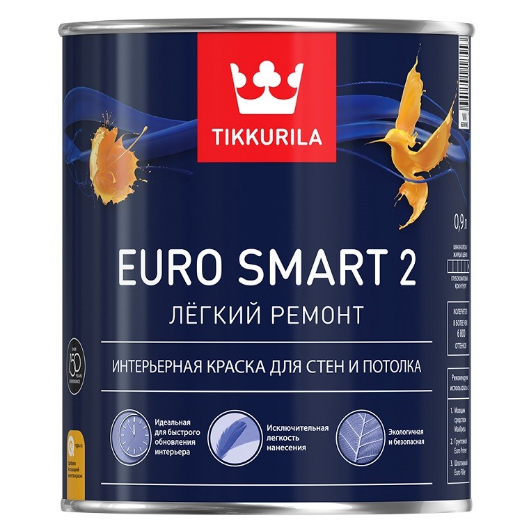 Купить Краска интерьерная Tikkurila Euro Smart-2 база VVA глубокоматовая 0.9 л