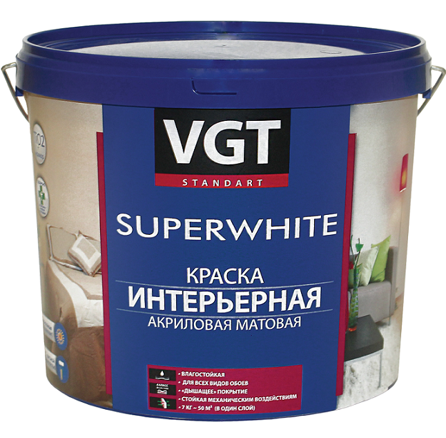 

Краска интерьерная VGT ВД-АК-2180 супербелая 15 кг, Белый