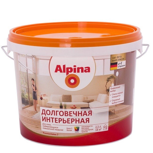 

Краска Alpina Долговечная интерьерная База 1 шелковисто-матовая 2.5 л, Белый