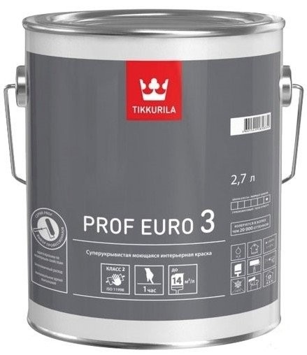 

Краска интерьерная Tikkurila Prof Euro 3 база А глубокоматовая 2.7 л, Белый