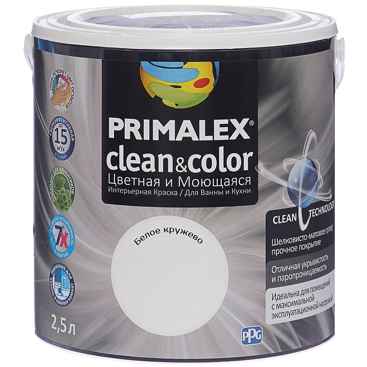 

Краска интерьерная Primalex Clean&Color Белое кружево 2.5 л, Белый