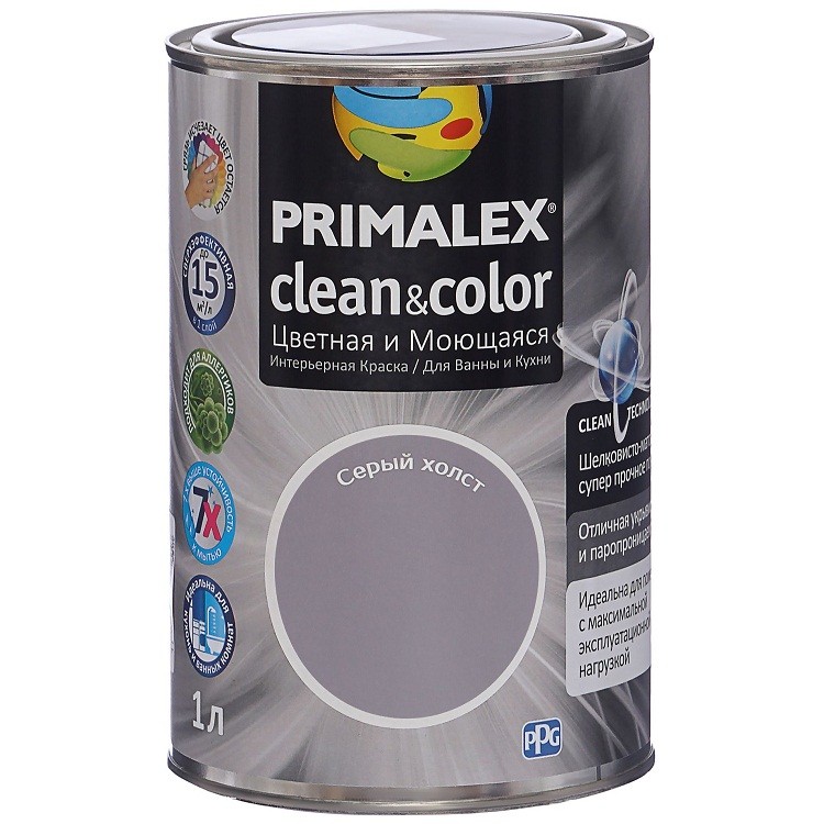 

Краска интерьерная Primalex Clean&Color Cерый холст 1 л, Серый
