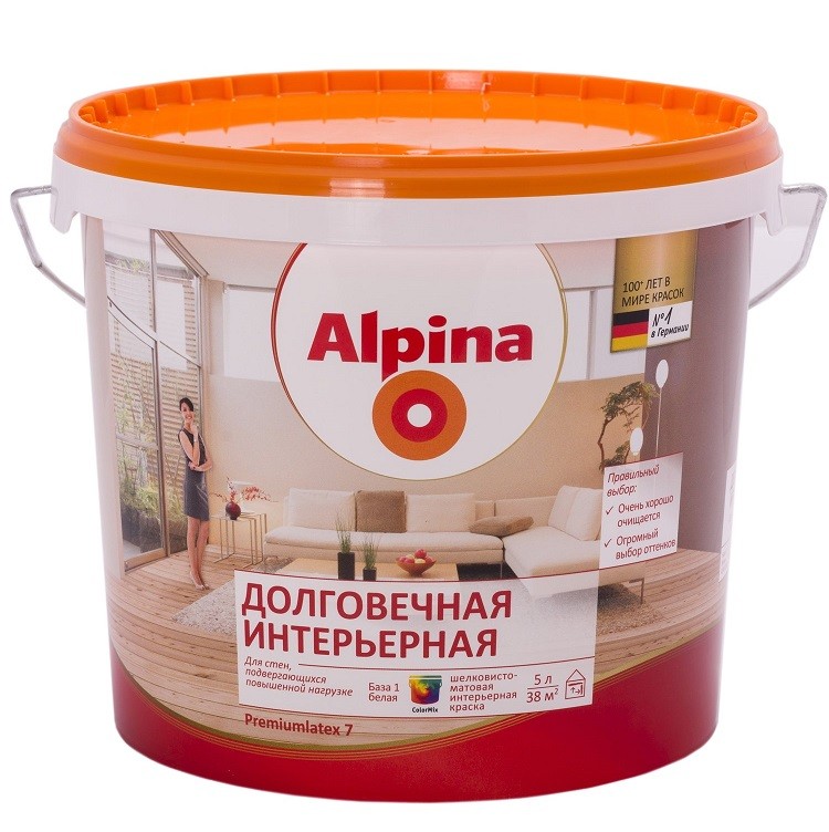 

Краска Alpina Долговечная интерьерная База 1 шелковисто-матовая 5 л, Белый