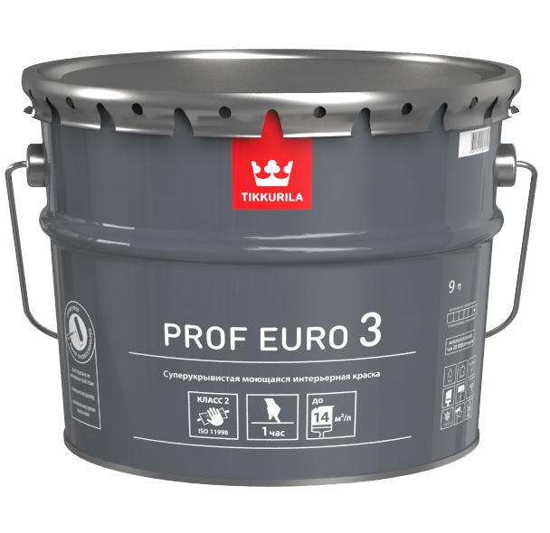 

Краска интерьерная Tikkurila Prof Euro 3 база C глубокоматовая 9 л