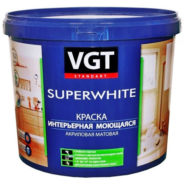 

Краска интерьерная VGT ВД-АК-1180 база A моющаяся 13 кг, Белый
