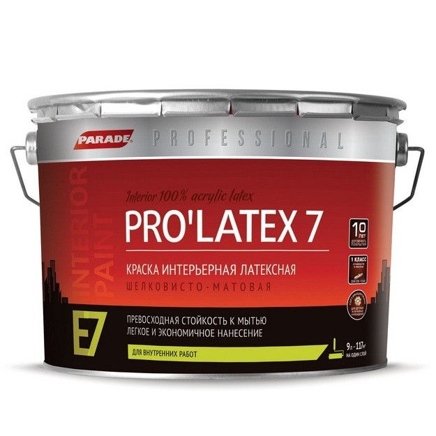 

Краска латексная Parade Professional E7 Pro Lateх7 интерьерная шелковисто-матовая основа А 9 л, Белый