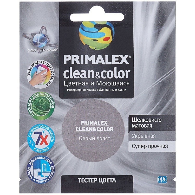 Краска интерьерная Primalex Clean&Color Cерый холст 40 мл