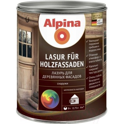 

Пропитка для дерева Alpina Lasur fur Holzfassaden прозрачная 0.75 л, Бесцветный