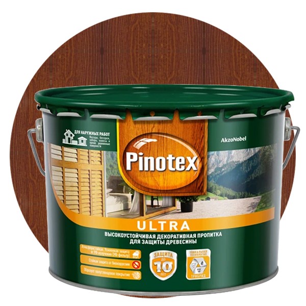 

Пропитка для древесины Pinotex Ultra Красное дерево 9 л, Коричневый