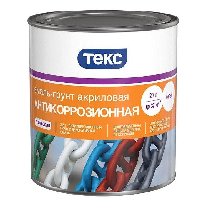 

Эмаль-грунт Текс Универсал антикоррозионная матовая белая 2.7 л, Белый