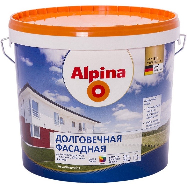 

Краска Alpina Долговечная фасадная База 1 матовая 10 л, Белый
