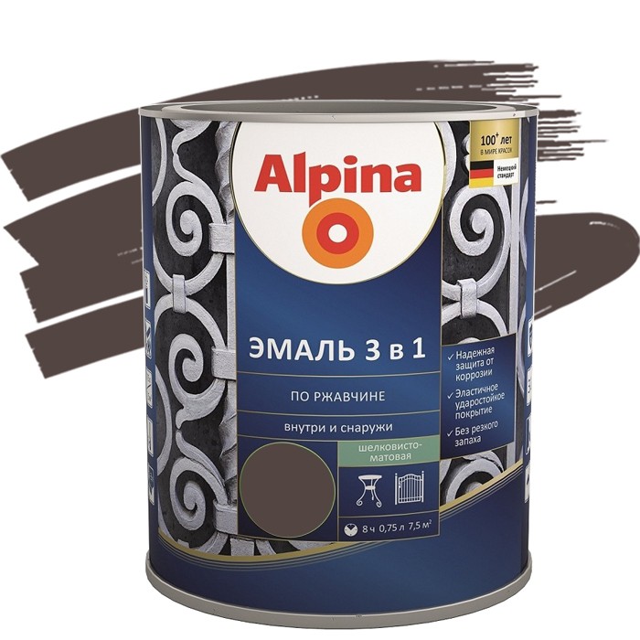 

Эмаль по ржавчине Alpina 3 в 1 RAL 8017 шоколадная 0.75 л, Коричневый