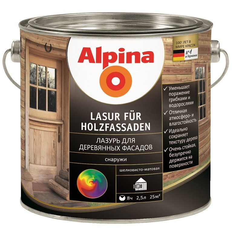 

Пропитка для дерева Alpina Lasur fur Holzfassaden прозрачная 2.5 л, Бесцветный