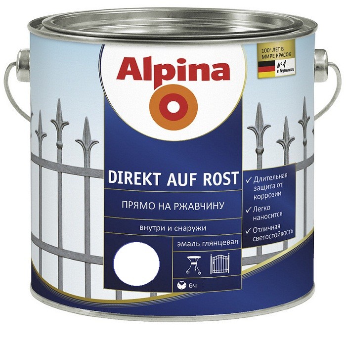 

Эмаль по ржавчине Alpina Direkt auf Rost гладкая RAL 9016 белая 2.5 л, Белый