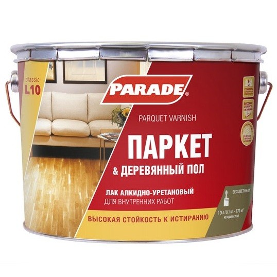 Лак алкидно-уретановый Parade Classic L10 Паркет & Деревянный пол паркетный глянцевый 10 л