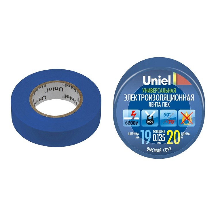 

Изолента ПВХ Uniel UIT-135P 19 мм синяя 20 м, Синий
